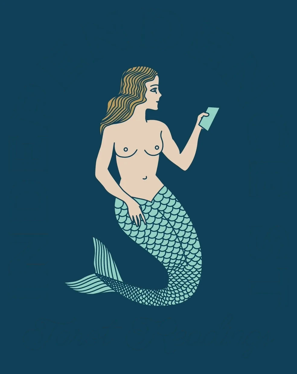 Independence St. mermaid holding a tarot card, on deep navy